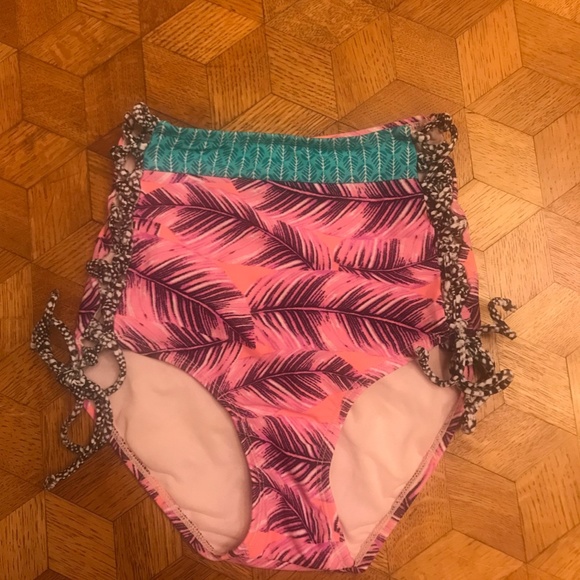Hula Honey High Wasted Bikini Bottoms Pink, Coral, Teal, Multicolored - Picture 3 of 4